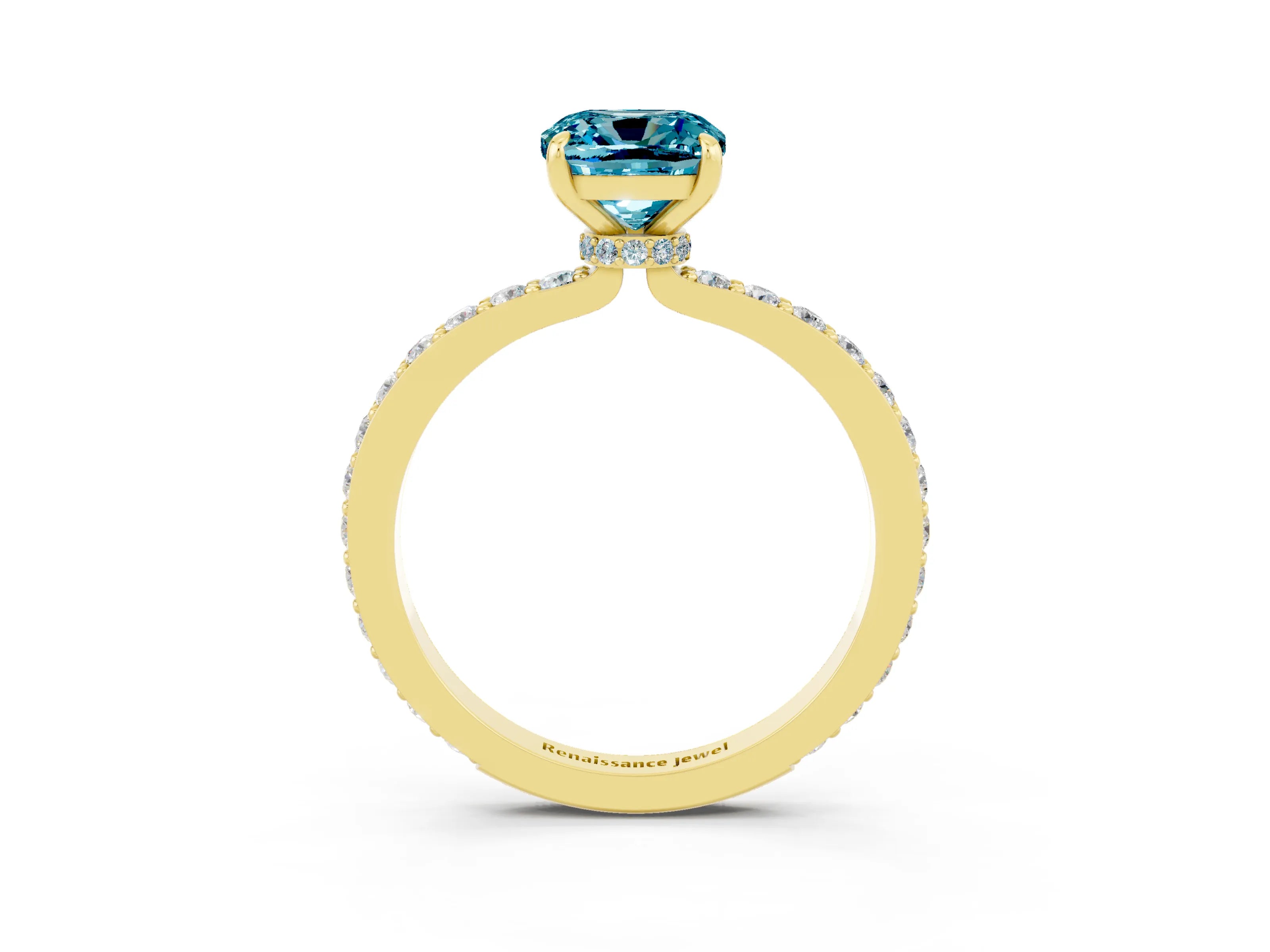Yellow gold Cushion Cut Blue Topaz Solitaire Engagement Ring with Pavé Band and Four-Prong Setting_3