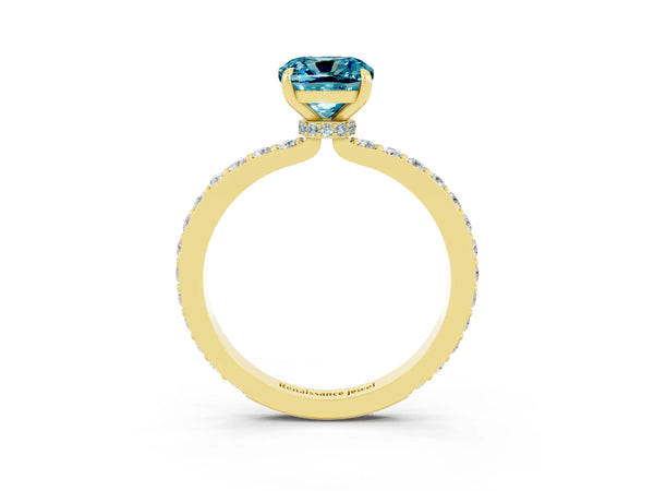 Yellow gold Cushion Cut Blue Topaz Solitaire Engagement Ring with Pavé Band and Four-Prong Setting