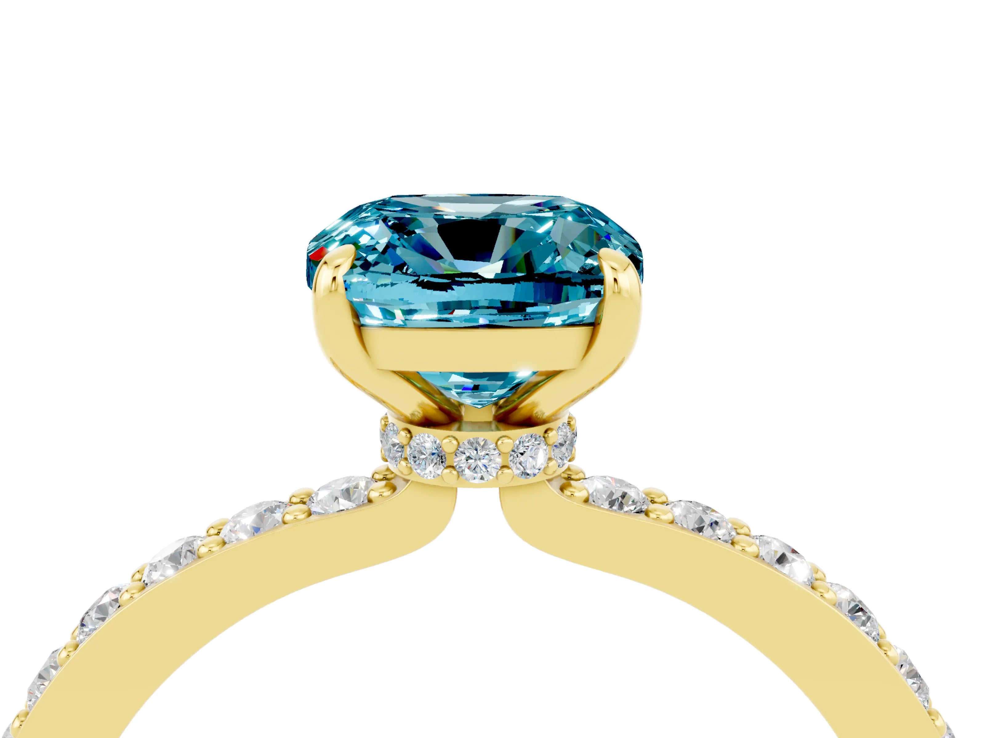 Yellow gold Cushion Cut Blue Topaz Solitaire Engagement Ring with Pavé Band and Four-Prong Setting_4