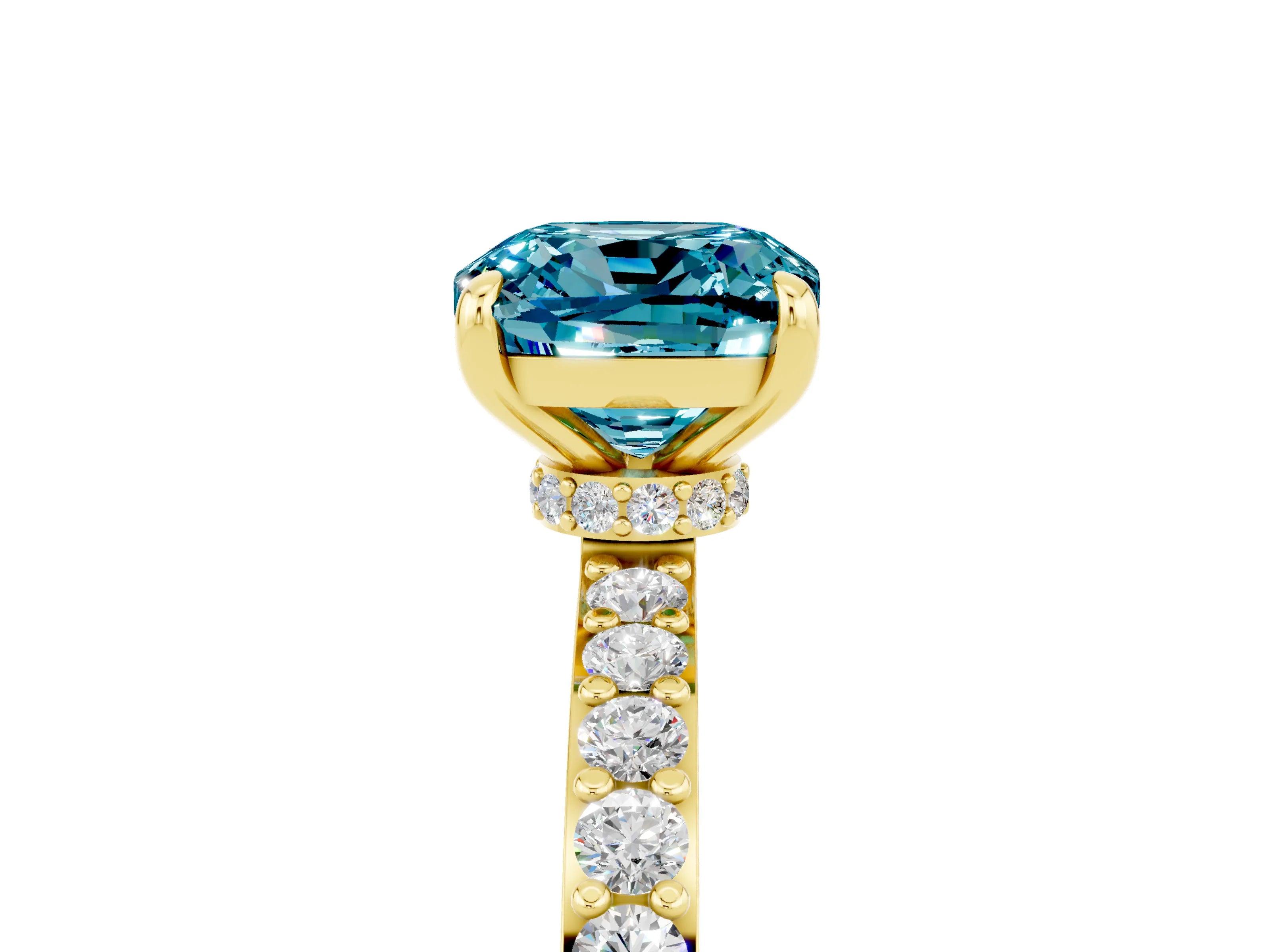 Yellow gold Cushion Cut Blue Topaz Solitaire Engagement Ring with Pavé Band and Four-Prong Setting_5