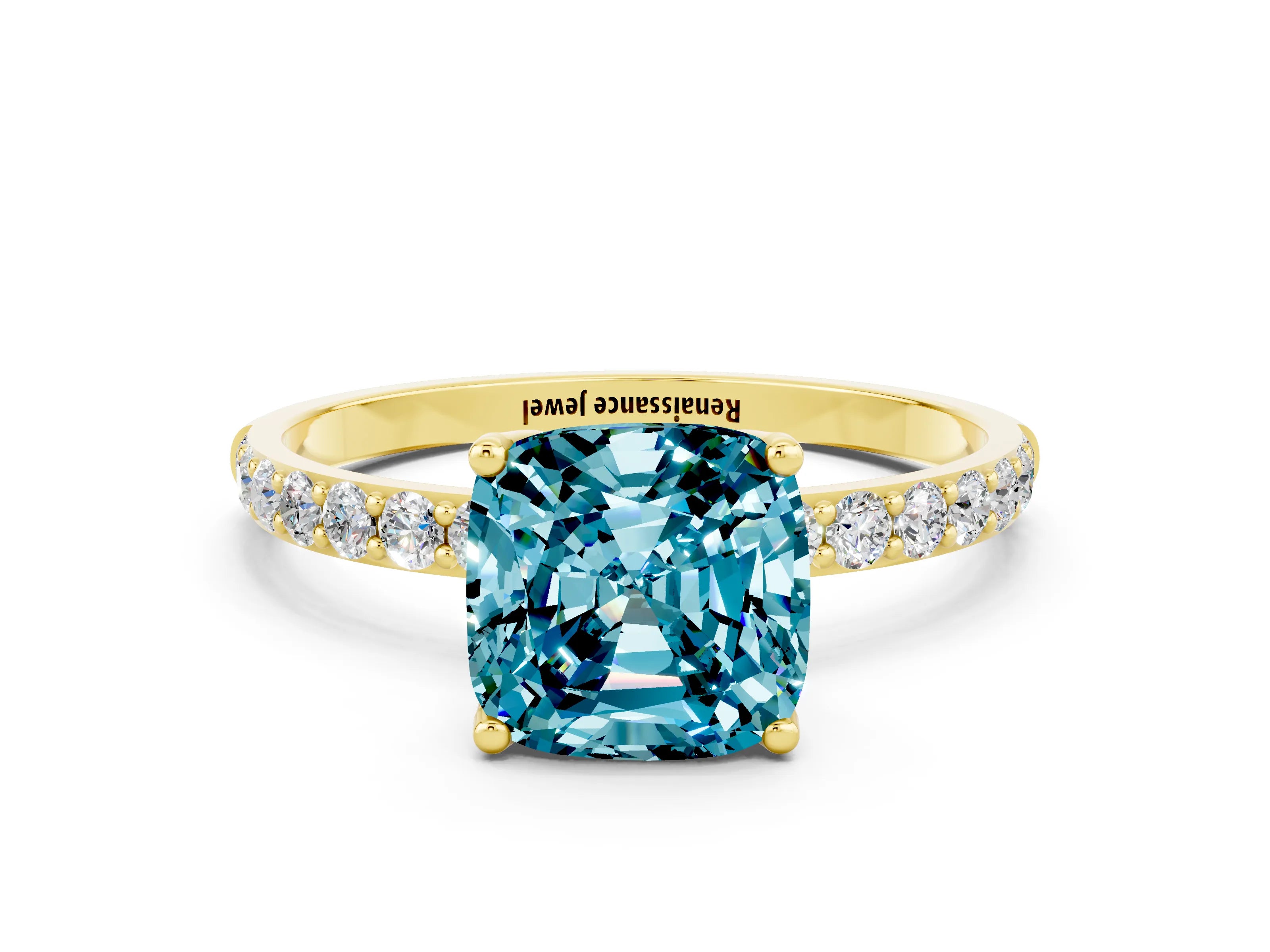 Yellow gold Cushion Cut Blue Topaz Solitaire Engagement Ring with Pavé Band and Prong Setting