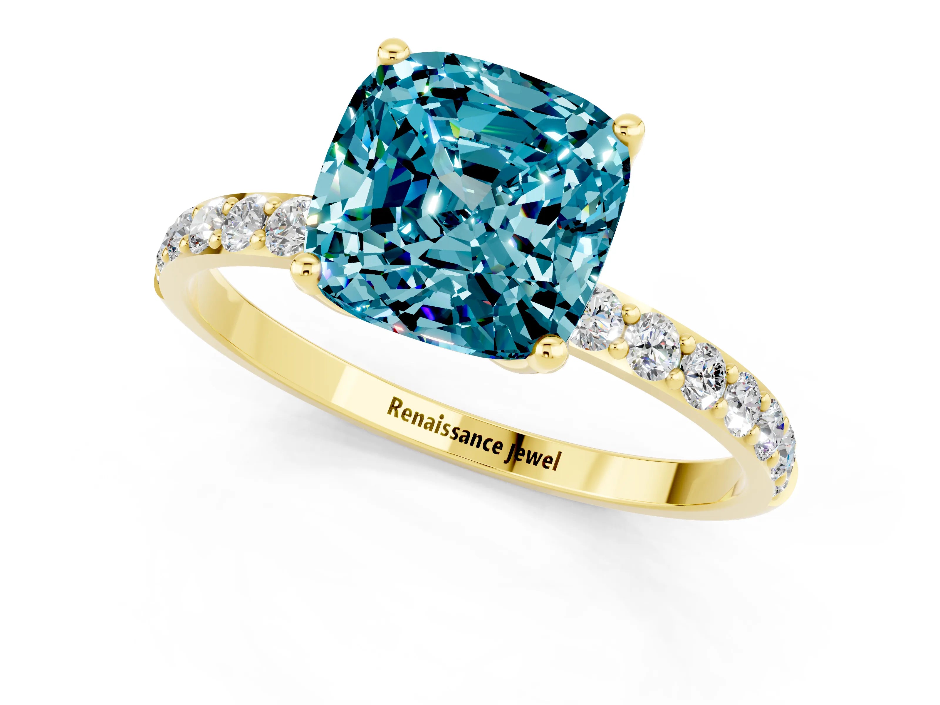 Yellow gold Cushion Cut Blue Topaz Solitaire Engagement Ring with Pavé Band and Prong Setting_1