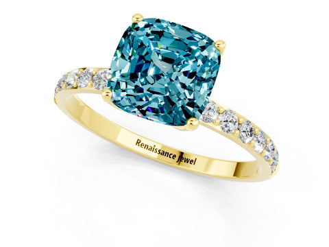 Yellow gold Cushion Cut Blue Topaz Solitaire Engagement Ring with Pavé Band and Prong Setting_1