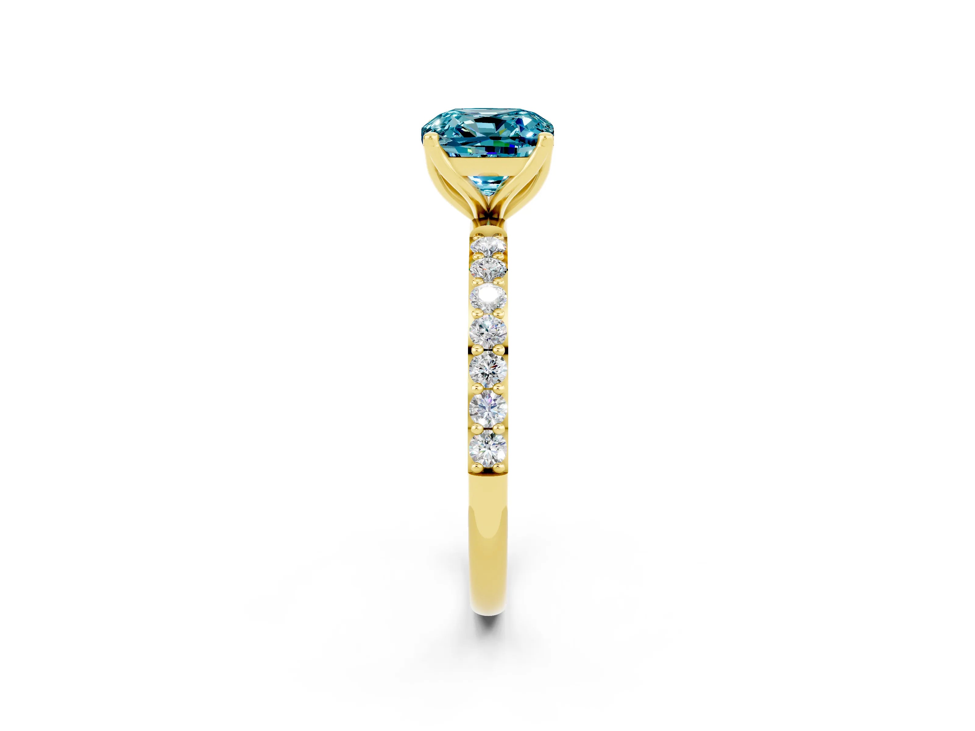 Yellow gold Cushion Cut Blue Topaz Solitaire Engagement Ring with Pavé Band and Prong Setting_2