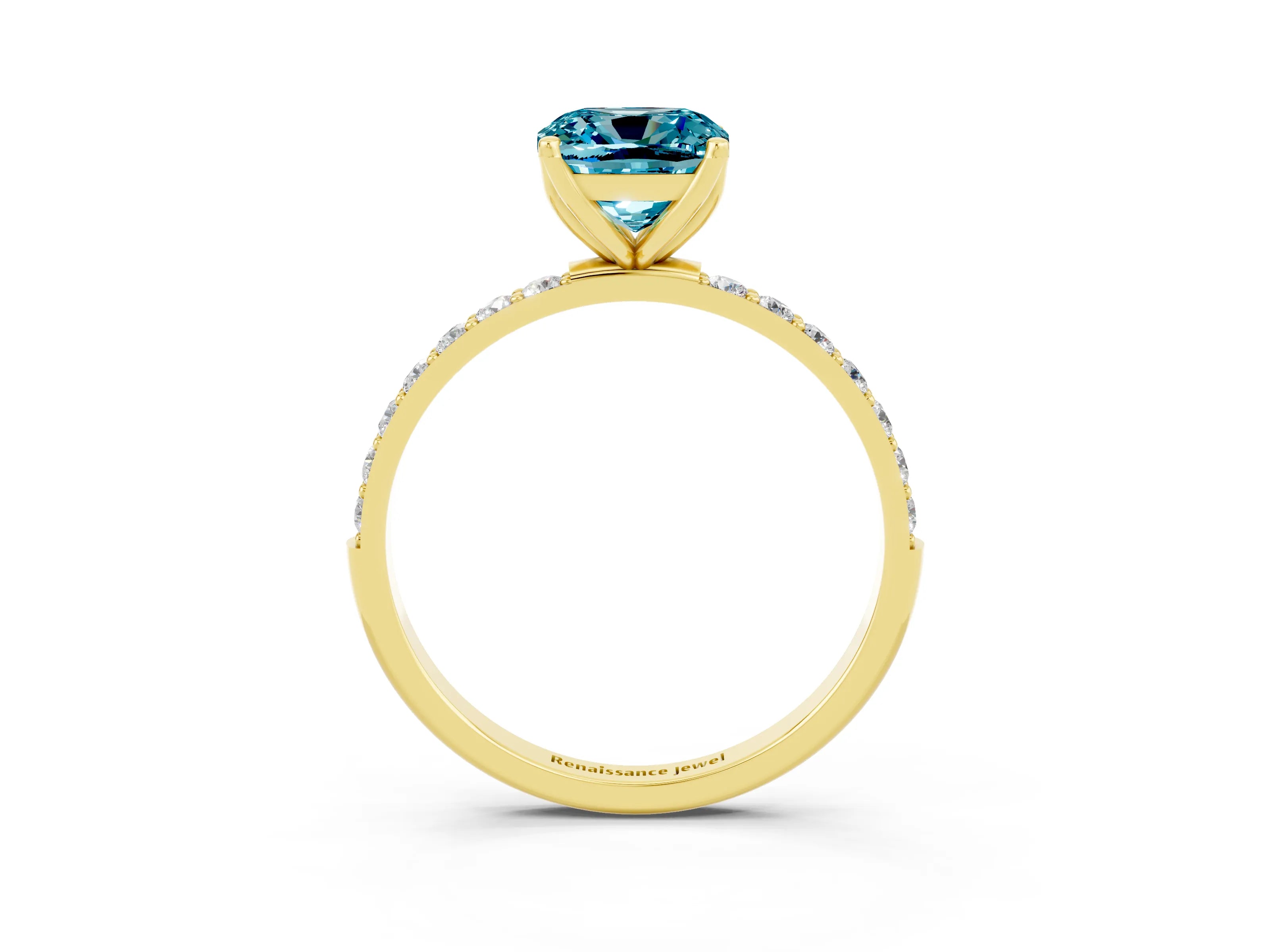 Yellow gold Cushion Cut Blue Topaz Solitaire Engagement Ring with Pavé Band and Prong Setting_3