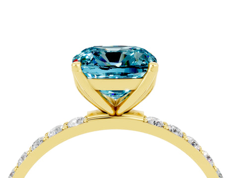 Yellow gold Cushion Cut Blue Topaz Solitaire Engagement Ring with Pavé Band and Prong Setting_4