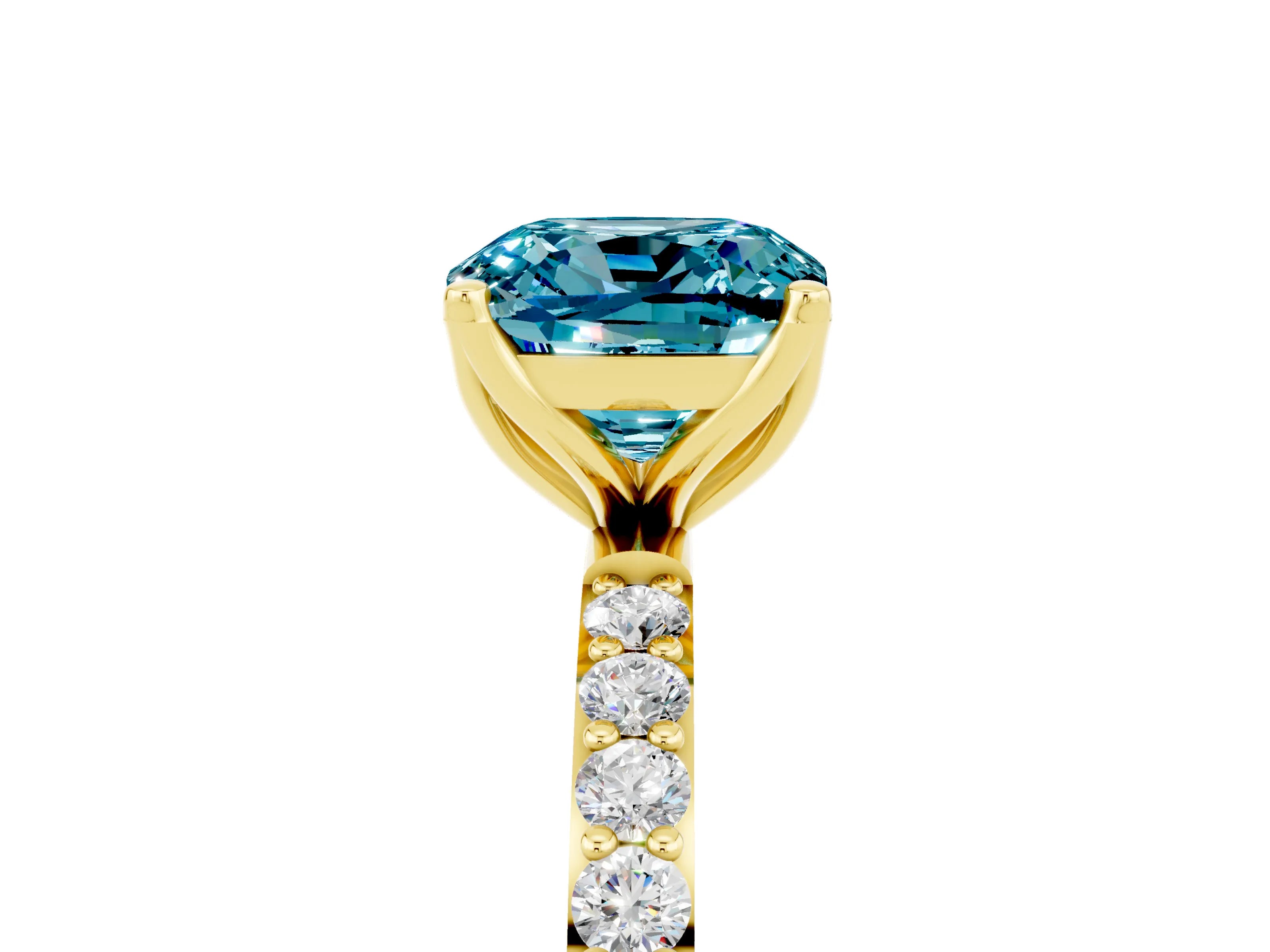 Yellow gold Cushion Cut Blue Topaz Solitaire Engagement Ring with Pavé Band and Prong Setting_5