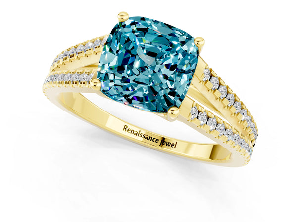 Yellow gold Cushion Cut Blue Topaz Solitaire Engagement Ring with Split Shank Pavé Band