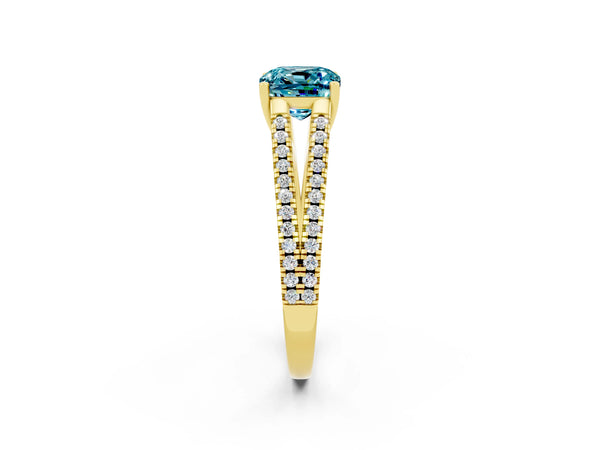 Yellow gold Cushion Cut Blue Topaz Solitaire Engagement Ring with Split Shank Pavé Band