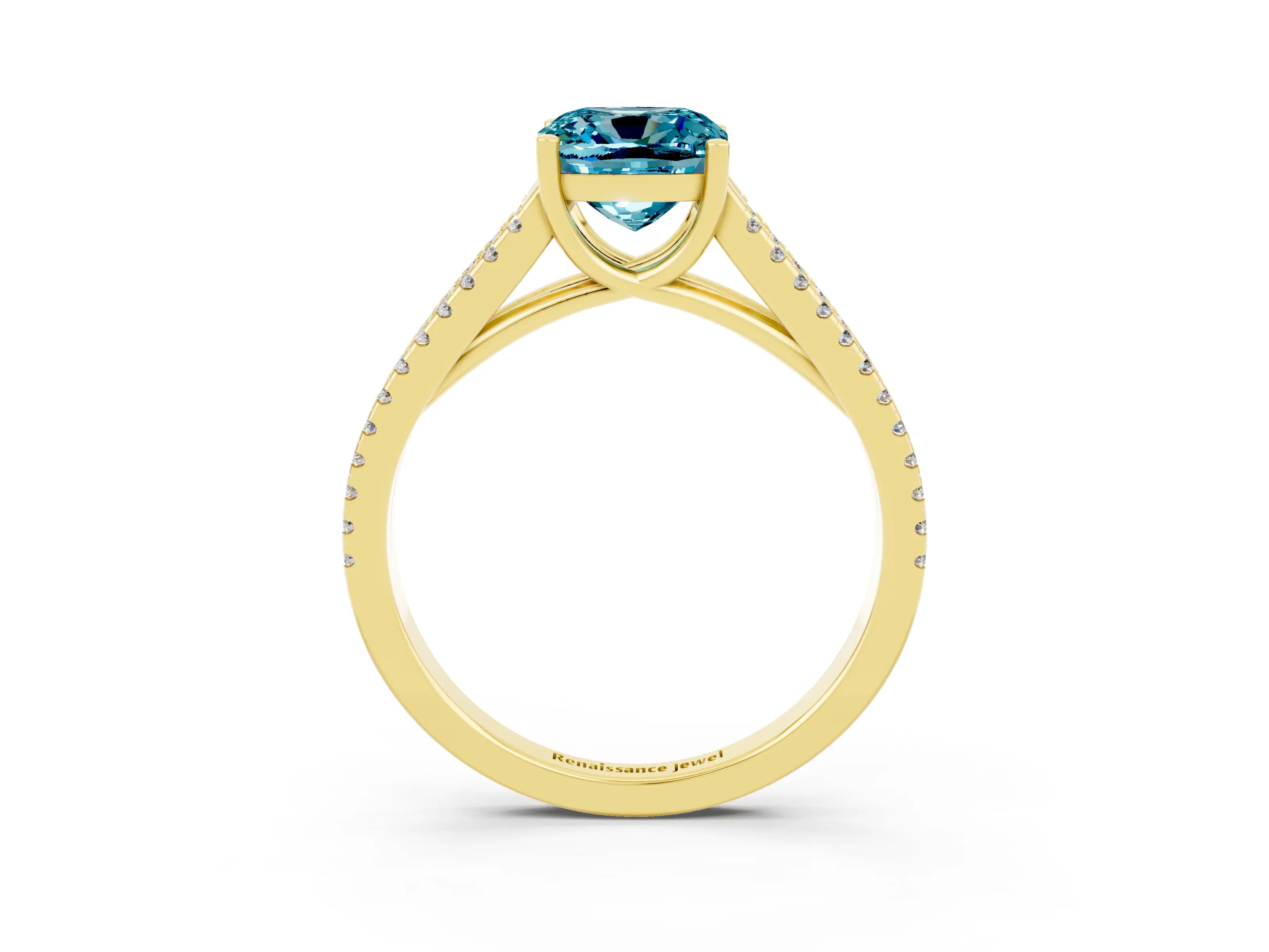 Yellow gold Cushion Cut Blue Topaz Solitaire Engagement Ring with Split Shank Pavé Band_3
