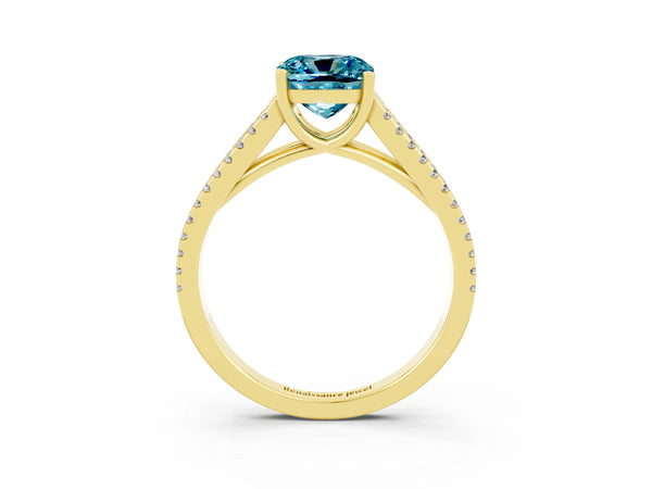 Yellow gold Cushion Cut Blue Topaz Solitaire Engagement Ring with Split Shank Pavé Band