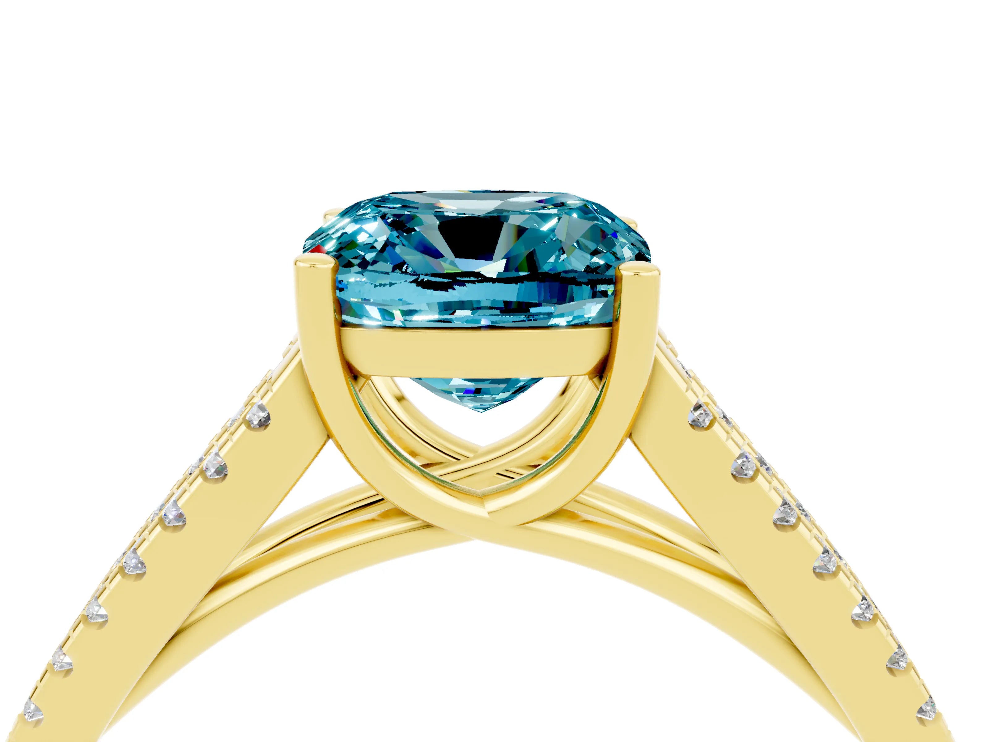 Yellow gold Cushion Cut Blue Topaz Solitaire Engagement Ring with Split Shank Pavé Band_4