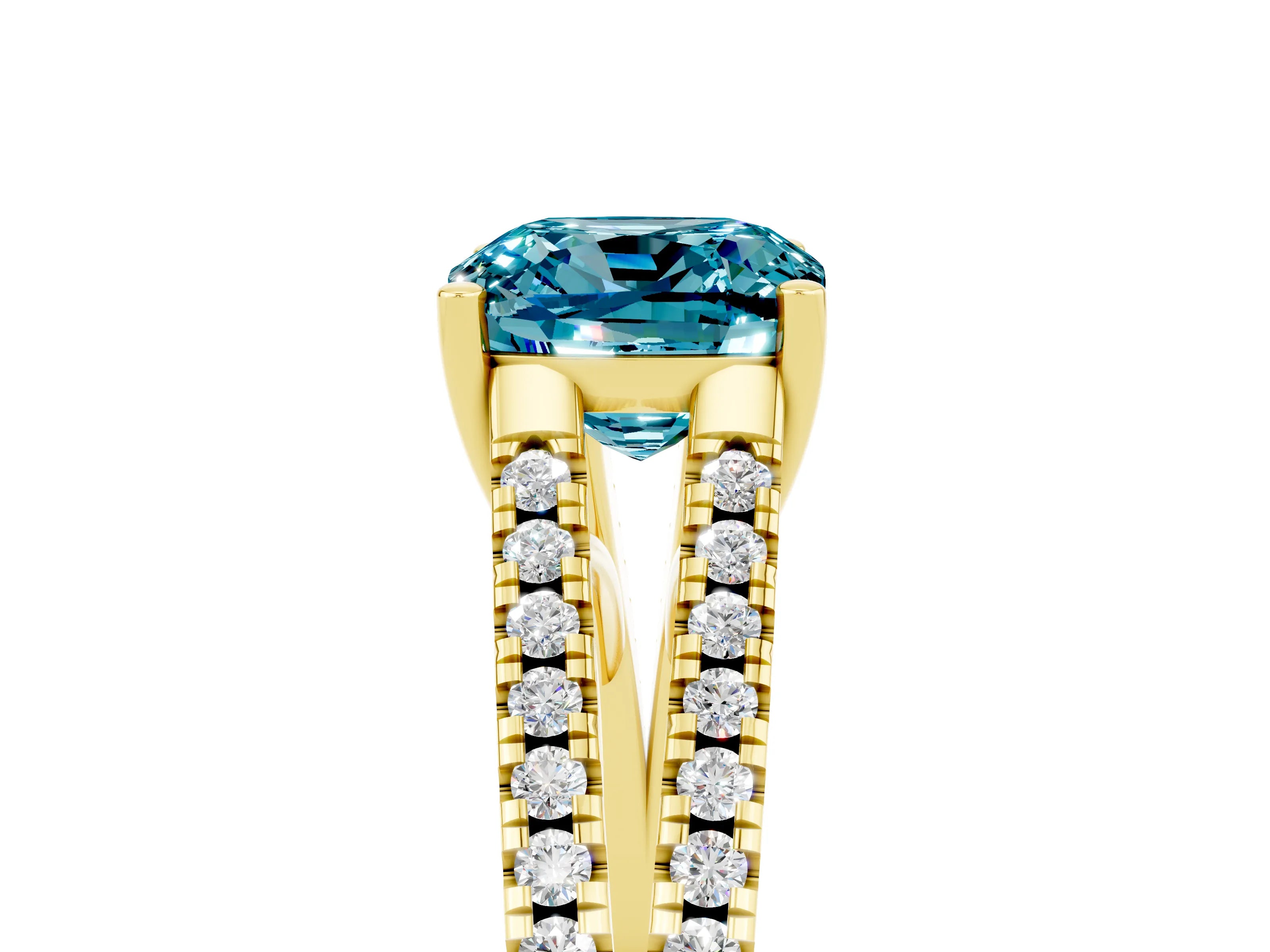 Yellow gold Cushion Cut Blue Topaz Solitaire Engagement Ring with Split Shank Pavé Band_5