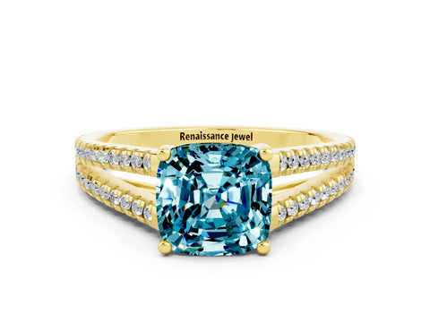 Yellow gold Cushion Cut Blue Topaz Solitaire Engagement Ring with Split Shank Pavé Band