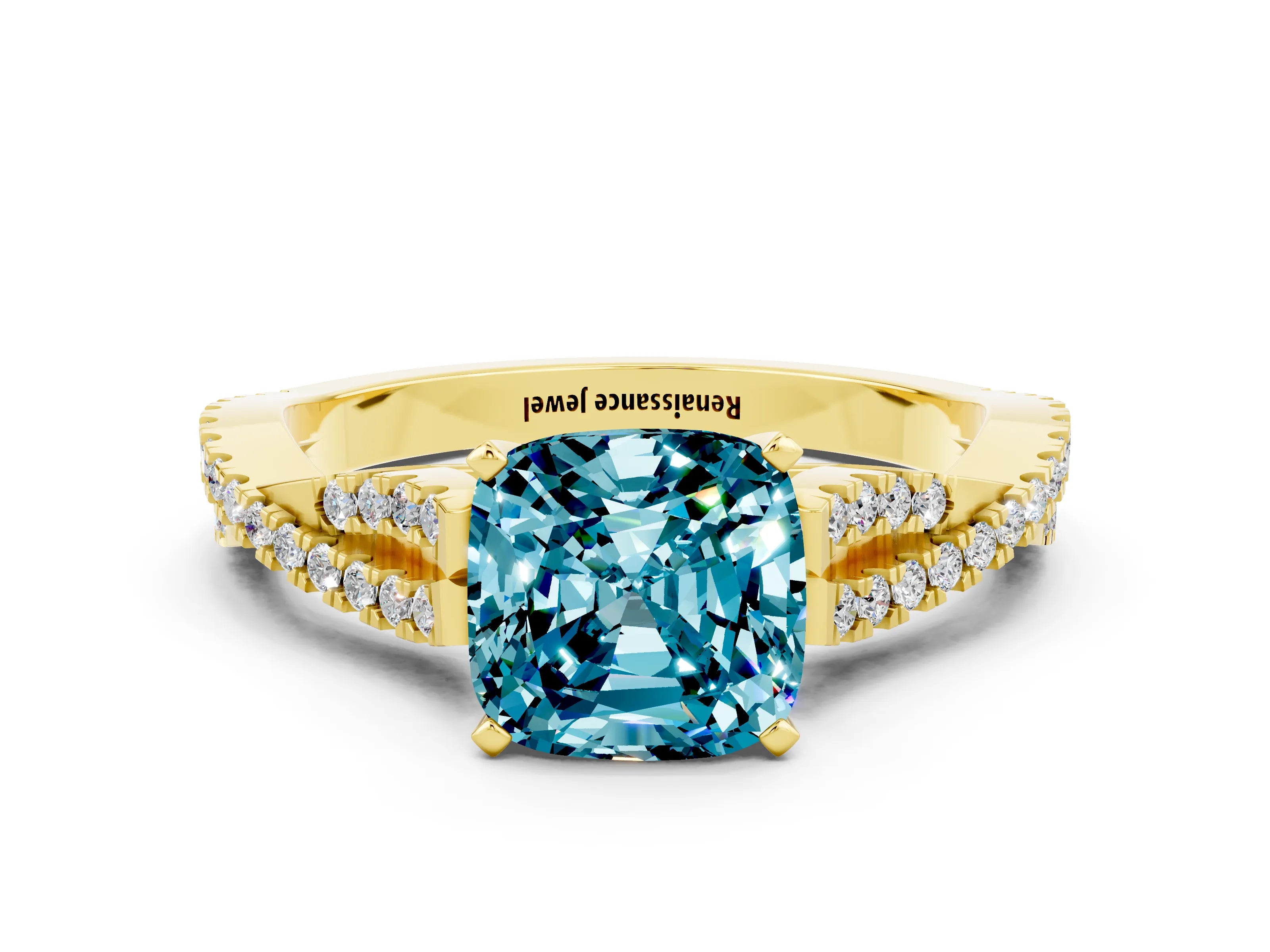 Yellow gold Cushion Cut Blue Topaz Solitaire Engagement Ring with Twisted Pavé Band and Four-Prong Setting_12