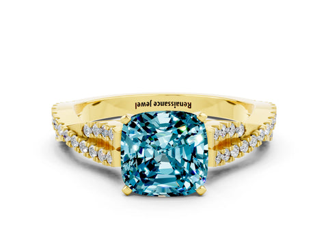 Yellow gold Cushion Cut Blue Topaz Solitaire Engagement Ring with Twisted Pavé Band and Four-Prong Setting_12