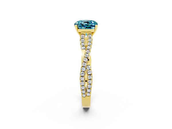 Yellow gold Cushion Cut Blue Topaz Solitaire Engagement Ring with Twisted Pavé Band and Four-Prong Setting