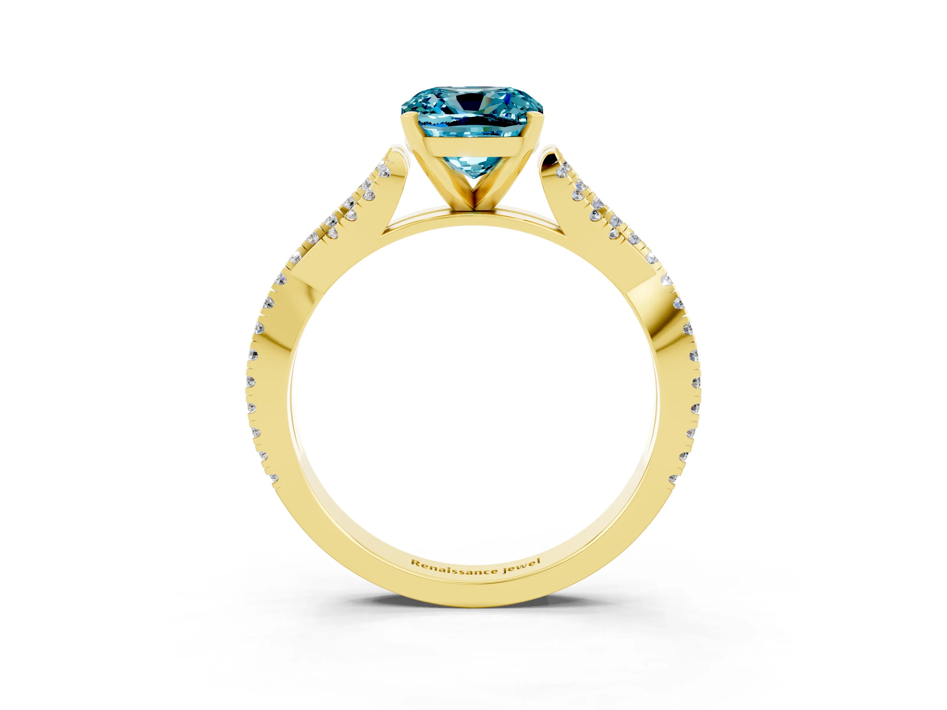 Yellow gold Cushion Cut Blue Topaz Solitaire Engagement Ring with Twisted Pavé Band and Four-Prong Setting_15