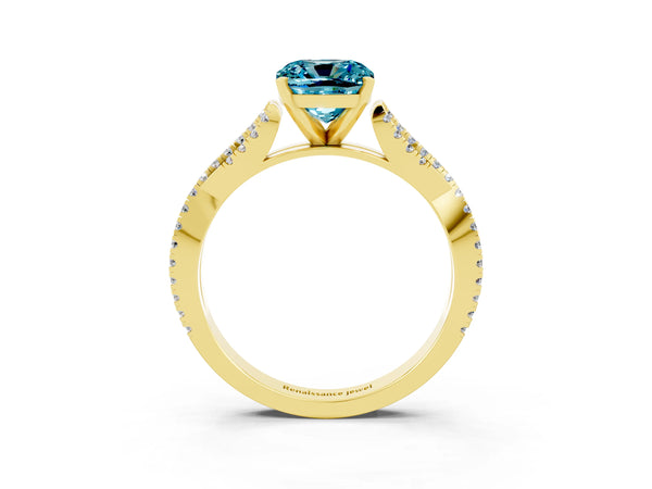 Yellow gold Cushion Cut Blue Topaz Solitaire Engagement Ring with Twisted Pavé Band and Four-Prong Setting