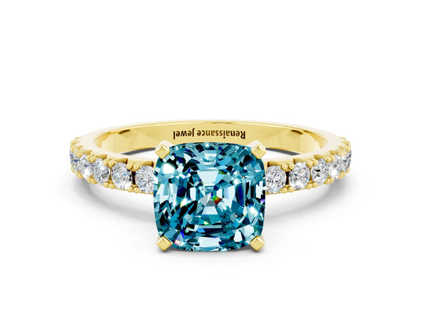 Yellow gold Cushion Cut Blue Topaz Solitaire Pavé Band with Four-Prong Setting