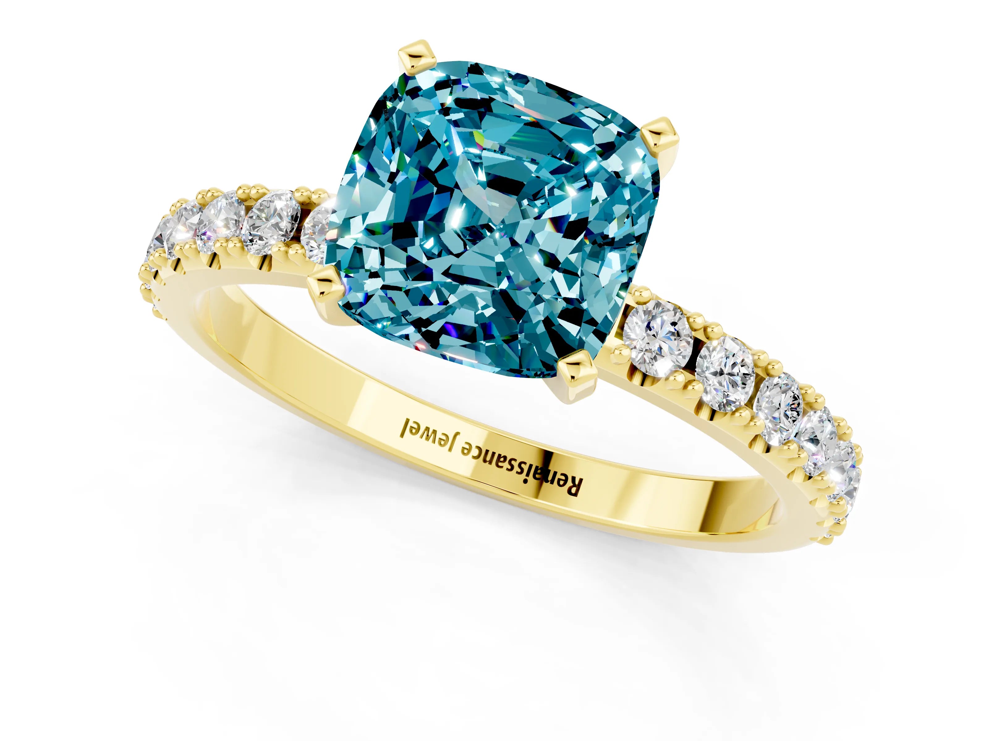 Yellow gold Cushion Cut Blue Topaz Solitaire Pavé Band with Four-Prong Setting_1