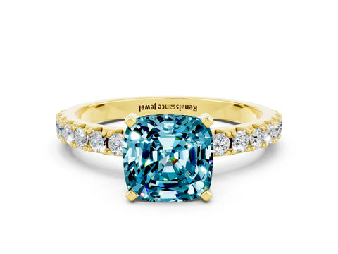 Yellow gold Cushion Cut Blue Topaz Solitaire Pavé Band with Four-Prong Setting