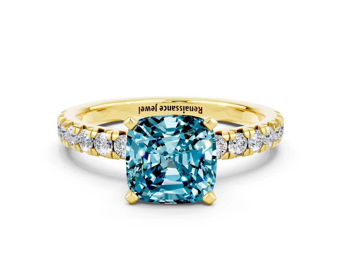Yellow gold Cushion Cut Blue Topaz Solitaire Pavé Engagement Ring with Round Band and Prong Setting_78