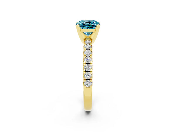 Yellow gold Cushion Cut Blue Topaz Solitaire Pavé Engagement Ring with Round Band and Prong Setting