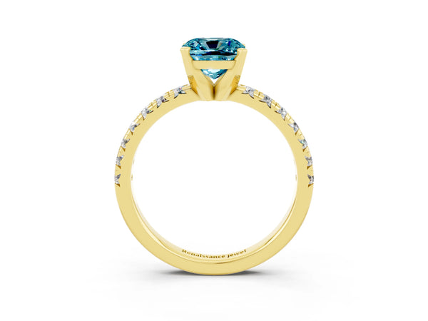 Yellow gold Cushion Cut Blue Topaz Solitaire Pavé Engagement Ring with Round Band and Prong Setting