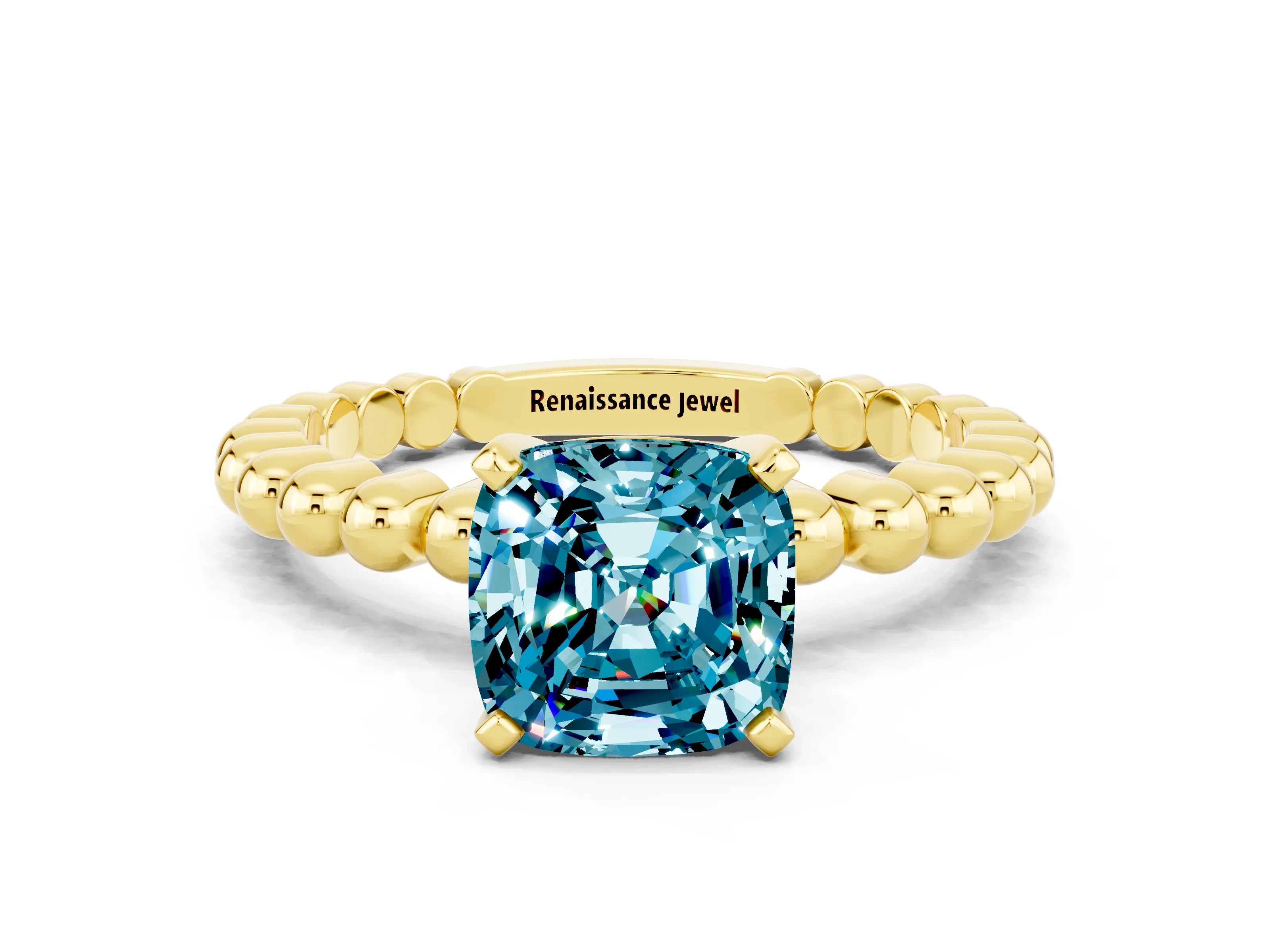 Yellow gold Cushion Cut Blue Topaz Solitaire Ring with Beaded Band and Prong Setting