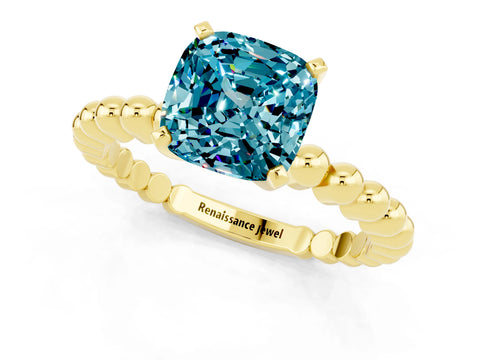 Yellow gold Cushion Cut Blue Topaz Solitaire Ring with Beaded Band and Prong Setting_1
