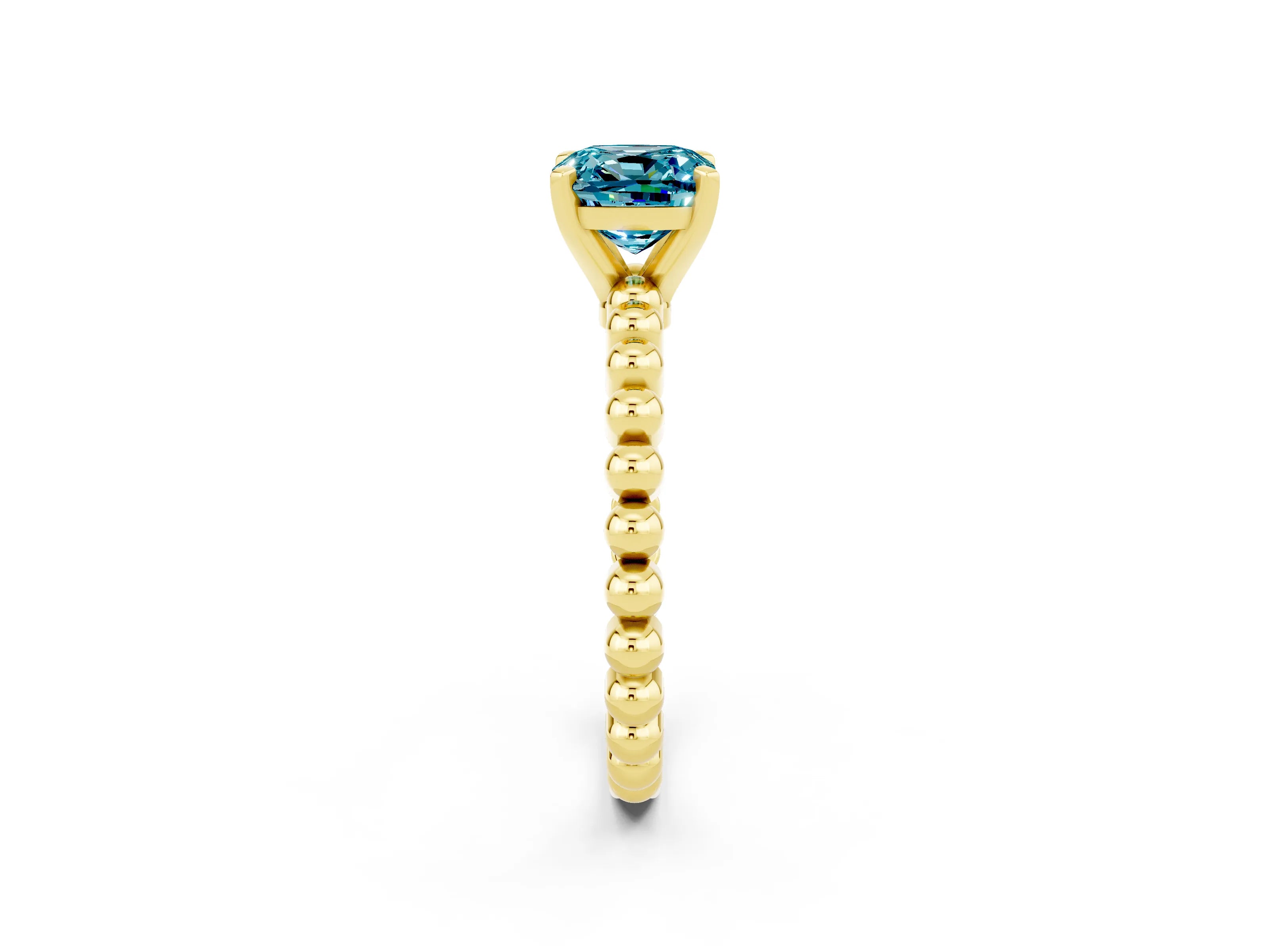 Yellow gold Cushion Cut Blue Topaz Solitaire Ring with Beaded Band and Prong Setting_2