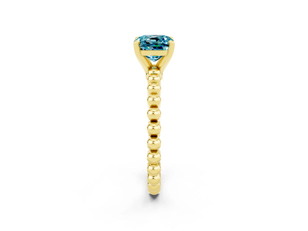 Yellow gold Cushion Cut Blue Topaz Solitaire Ring with Beaded Band and Prong Setting