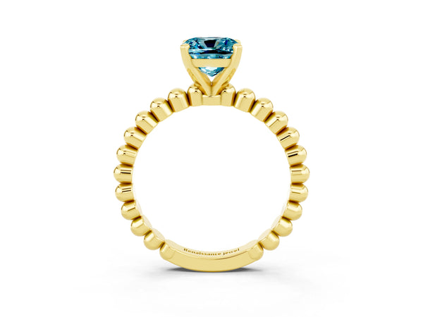Yellow gold Cushion Cut Blue Topaz Solitaire Ring with Beaded Band and Prong Setting