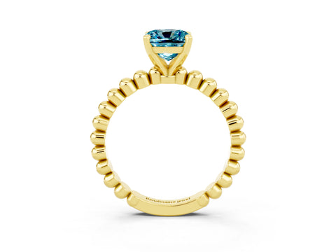 Yellow gold Cushion Cut Blue Topaz Solitaire Ring with Beaded Band and Prong Setting_3