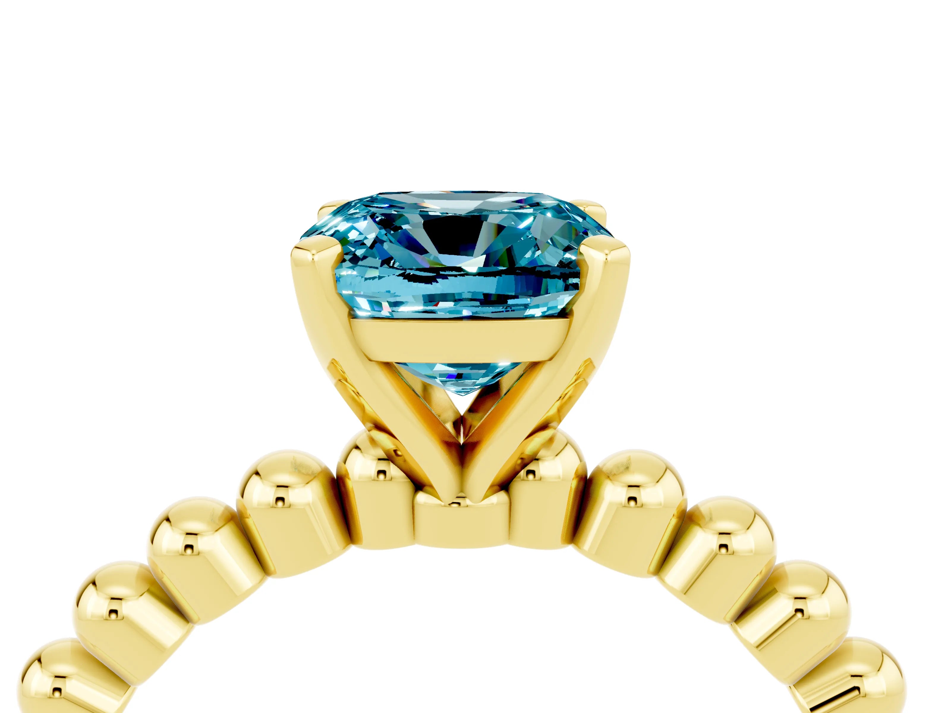 Yellow gold Cushion Cut Blue Topaz Solitaire Ring with Beaded Band and Prong Setting_4