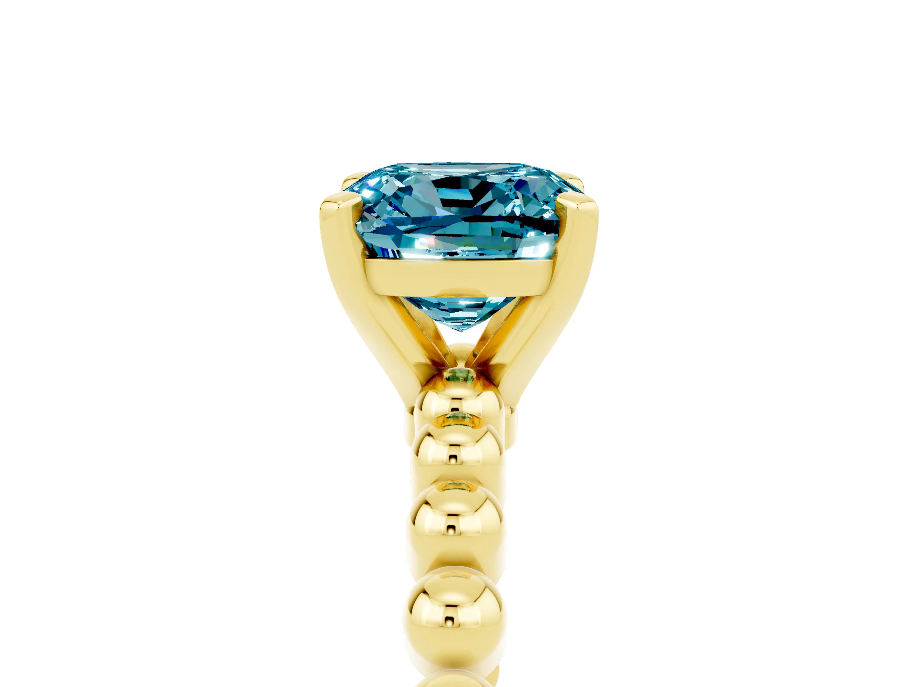 Yellow gold Cushion Cut Blue Topaz Solitaire Ring with Beaded Band and Prong Setting_5
