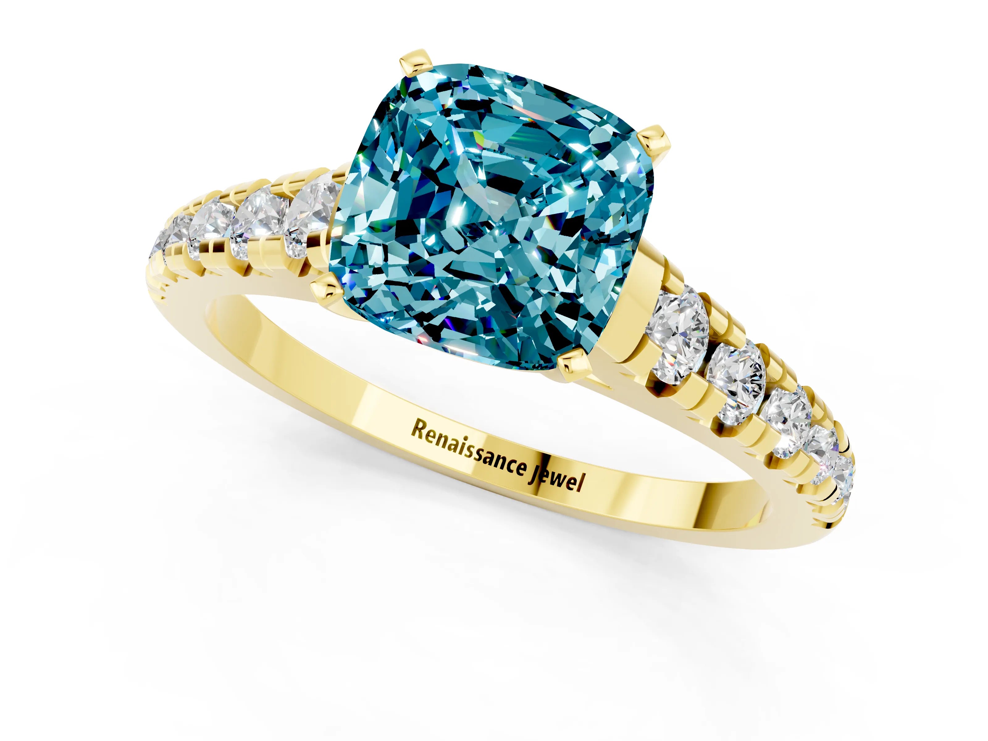 Yellow gold Cushion Cut Blue Topaz Solitaire Ring with Cathedral Setting and Pavé Band_1