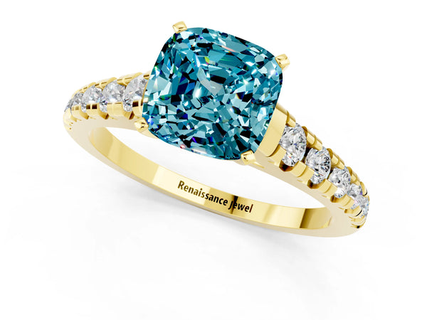 Yellow gold Cushion Cut Blue Topaz Cathedral Solitaire Ring with Round  Pavé Band