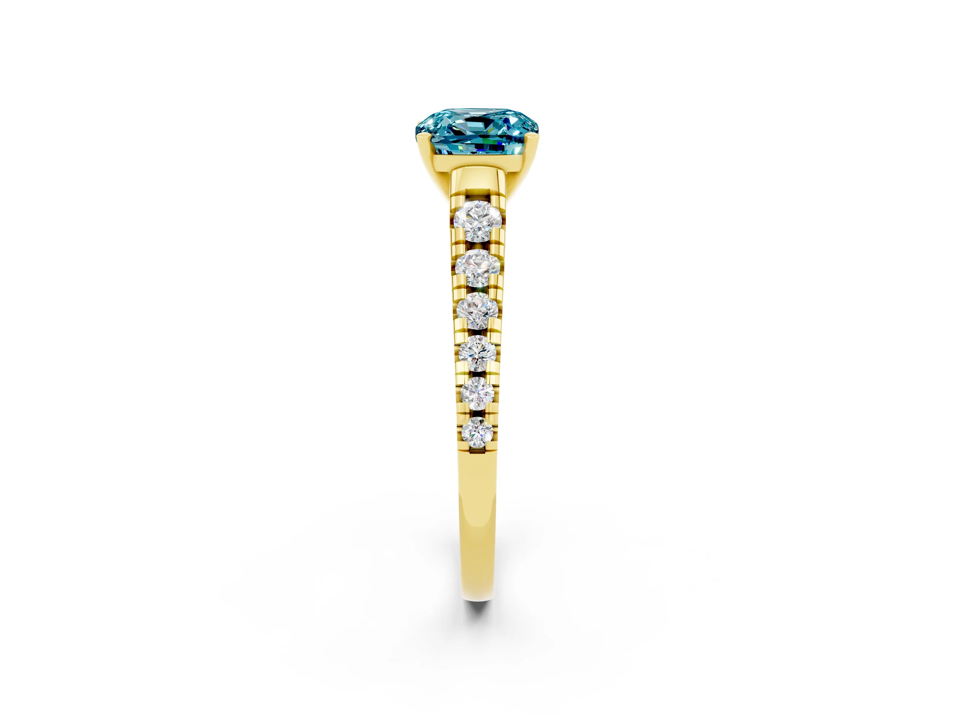 Yellow gold Cushion Cut Blue Topaz Solitaire Ring with Cathedral Setting and Pavé Band_2