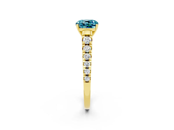Yellow gold Cushion Cut Blue Topaz Cathedral Solitaire Ring with Round  Pavé Band