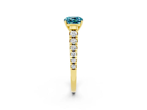 Yellow gold Cushion Cut Blue Topaz Solitaire Ring with Cathedral Setting and Pavé Band_2