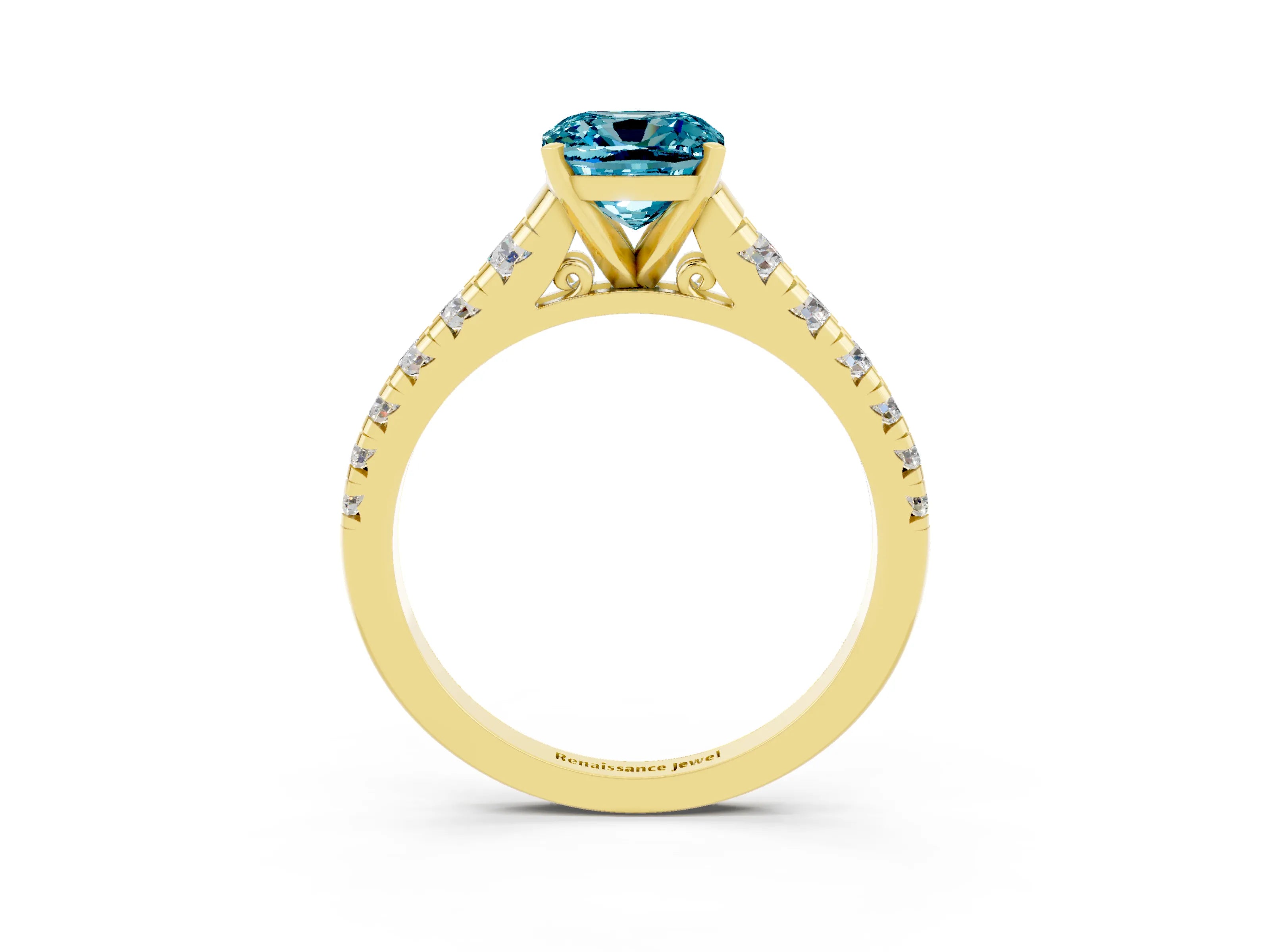 Yellow gold Cushion Cut Blue Topaz Solitaire Ring with Cathedral Setting and Pavé Band_3