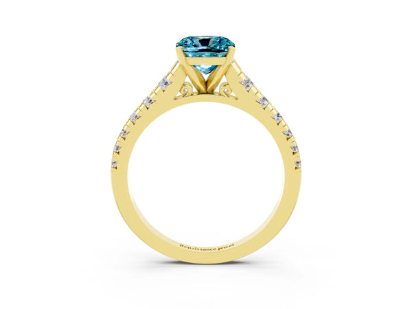Yellow gold Cushion Cut Blue Topaz Cathedral Solitaire Ring with Round  Pavé Band