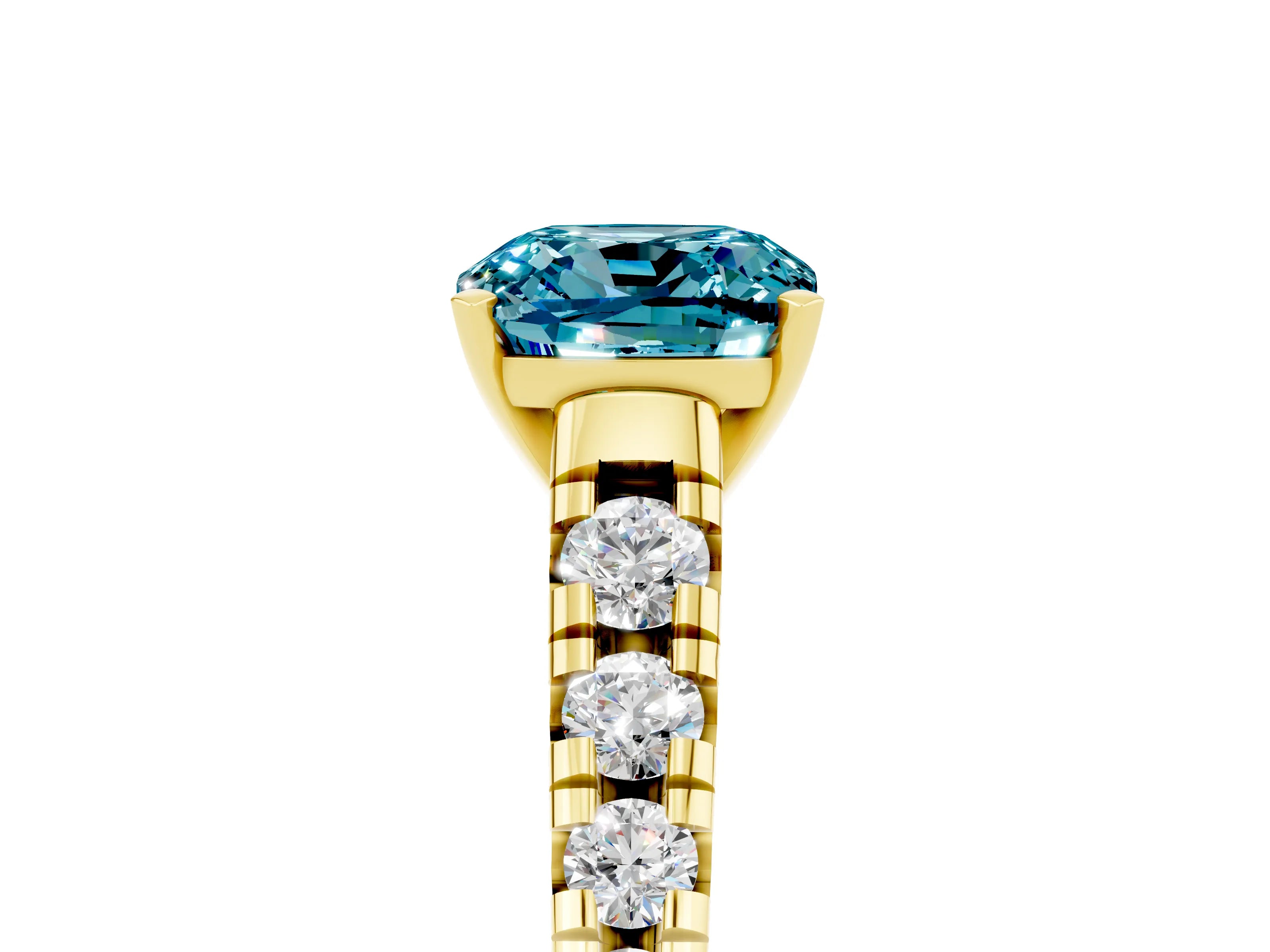 Yellow gold Cushion Cut Blue Topaz Solitaire Ring with Cathedral Setting and Pavé Band_5