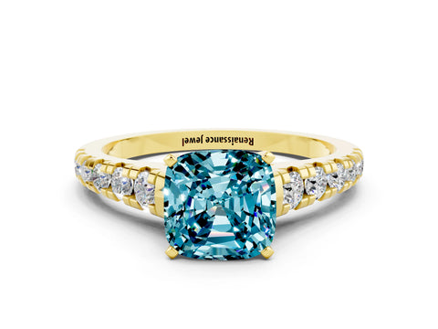 Yellow gold Cushion Cut Blue Topaz Solitaire Ring with Cathedral Setting and Pavé Band