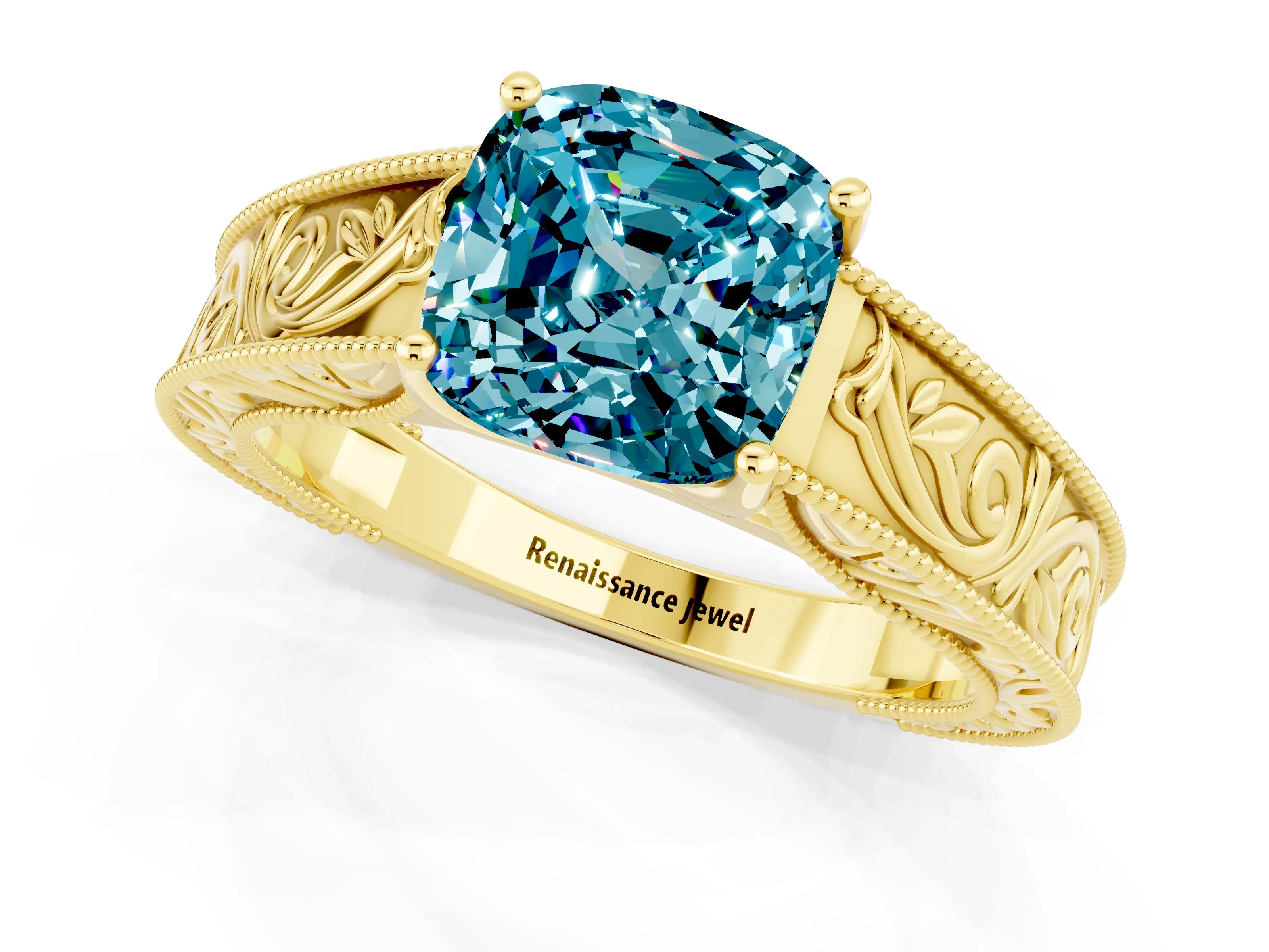 Yellow gold Cushion Cut Blue Topaz Solitaire Ring with Engraved Band and Four-Prong Setting_1