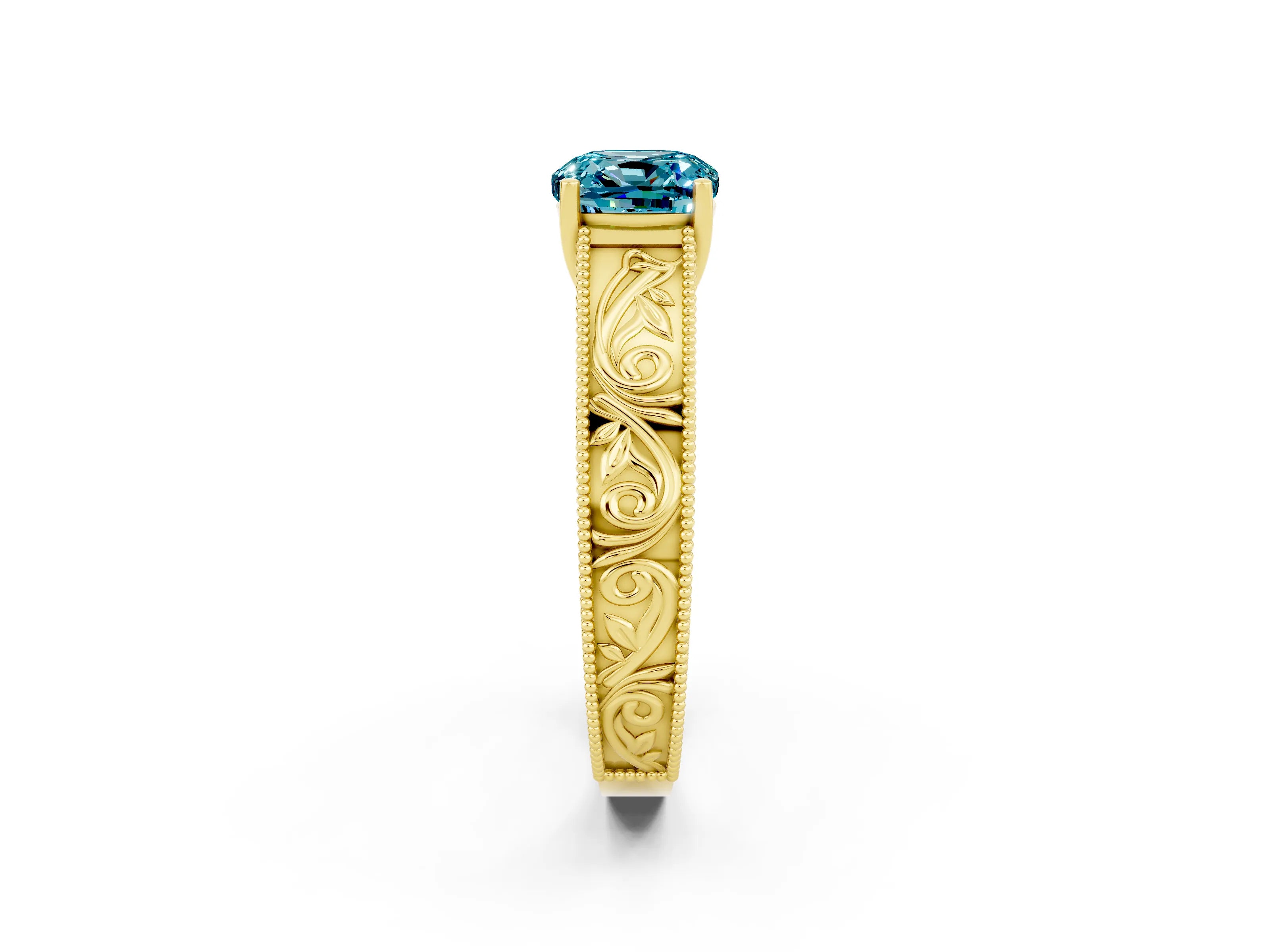 Yellow gold Cushion Cut Blue Topaz Solitaire Ring with Engraved Band and Four-Prong Setting_2