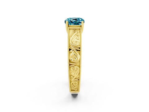 Yellow gold Cushion Cut Blue Topaz Solitaire Ring with Engraved Band and Four-Prong Setting_2