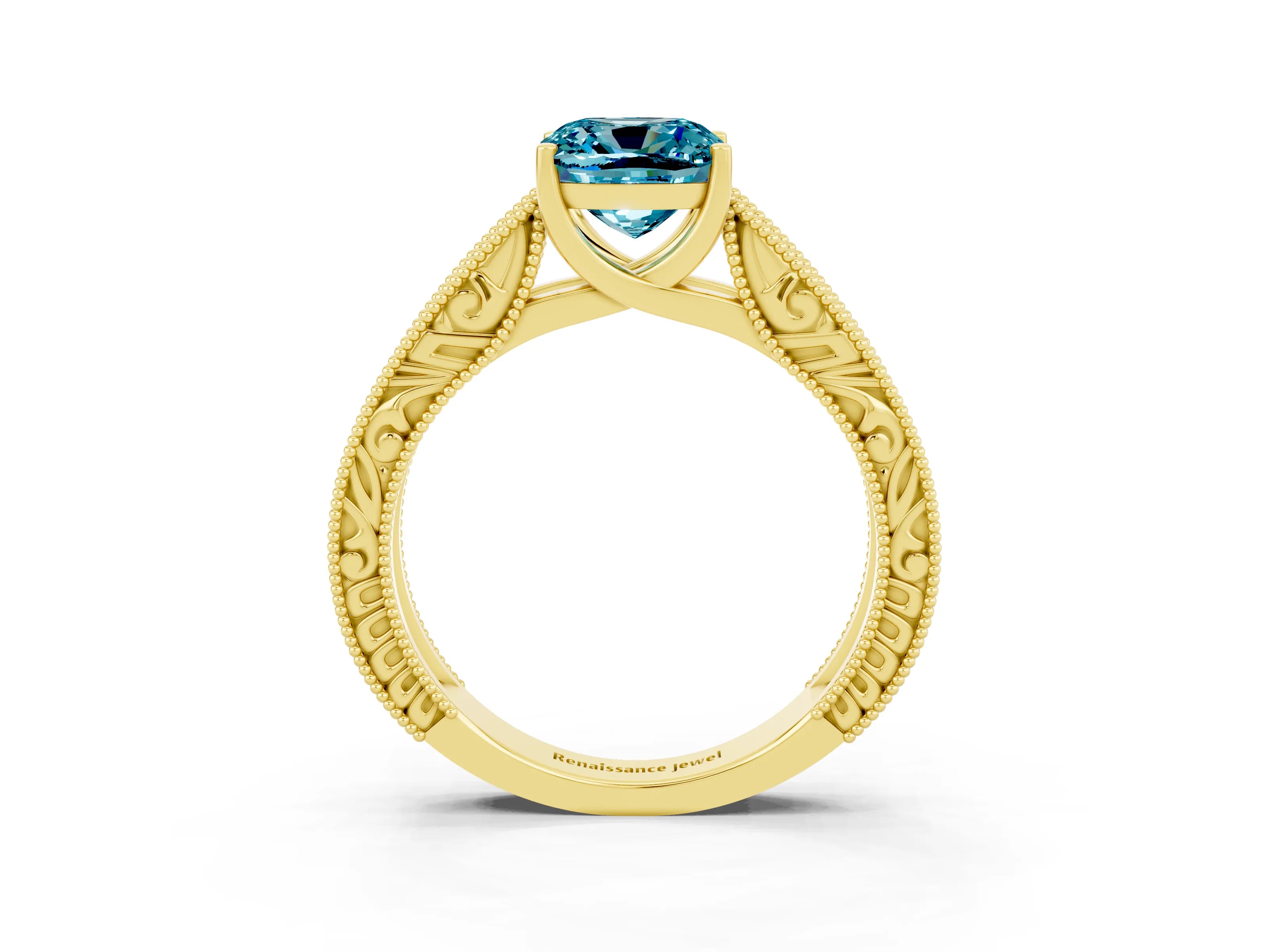 Yellow gold Cushion Cut Blue Topaz Solitaire Ring with Engraved Band and Four-Prong Setting_3